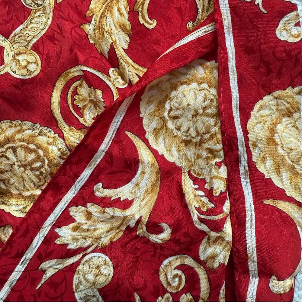 Echo Silk Vibrant Red and Gold Patterned Scarf - Picture 4 of 6